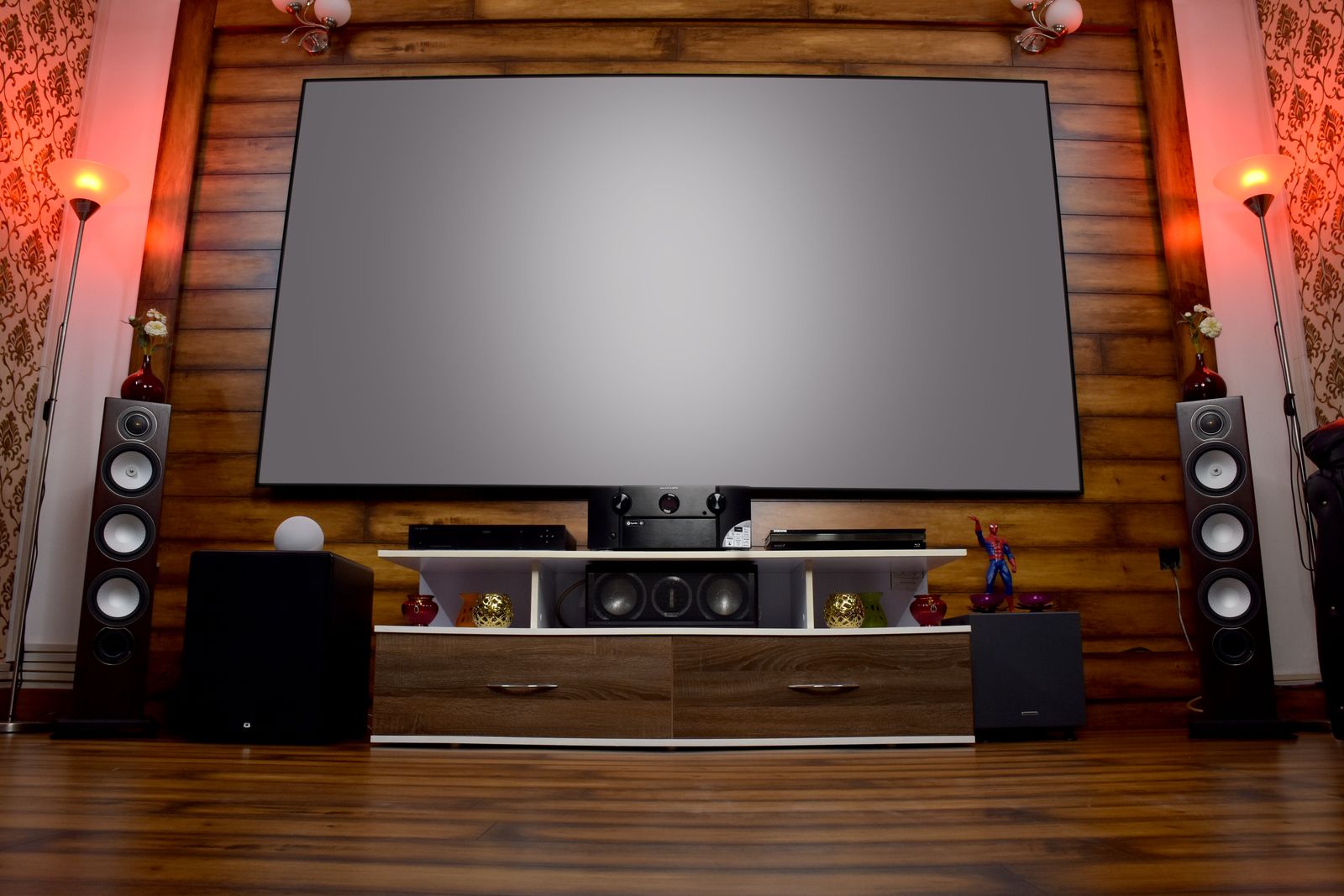 Home theater with a large screen and speakers